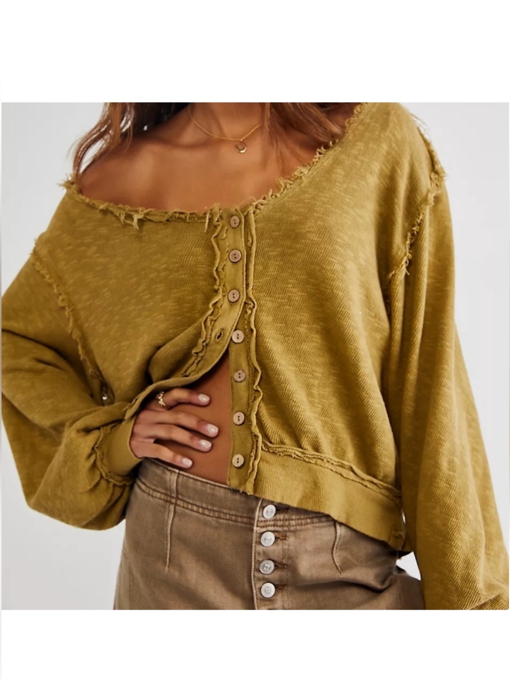 Free People Distressed Button-Front Cardigan in Mustard